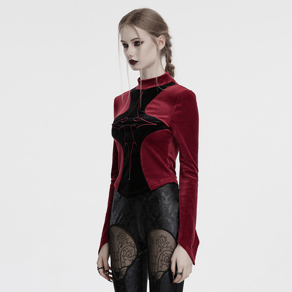 OT-983TCF Gothic T-Shirts Black Velvet Top Red Symbolic Design