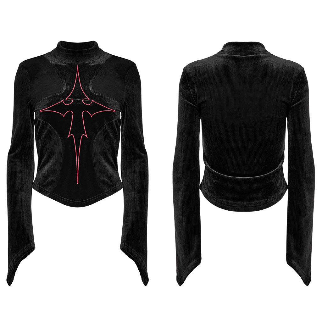 OT-983TCF Gothic T-Shirts Black Velvet Top Red Symbolic Design