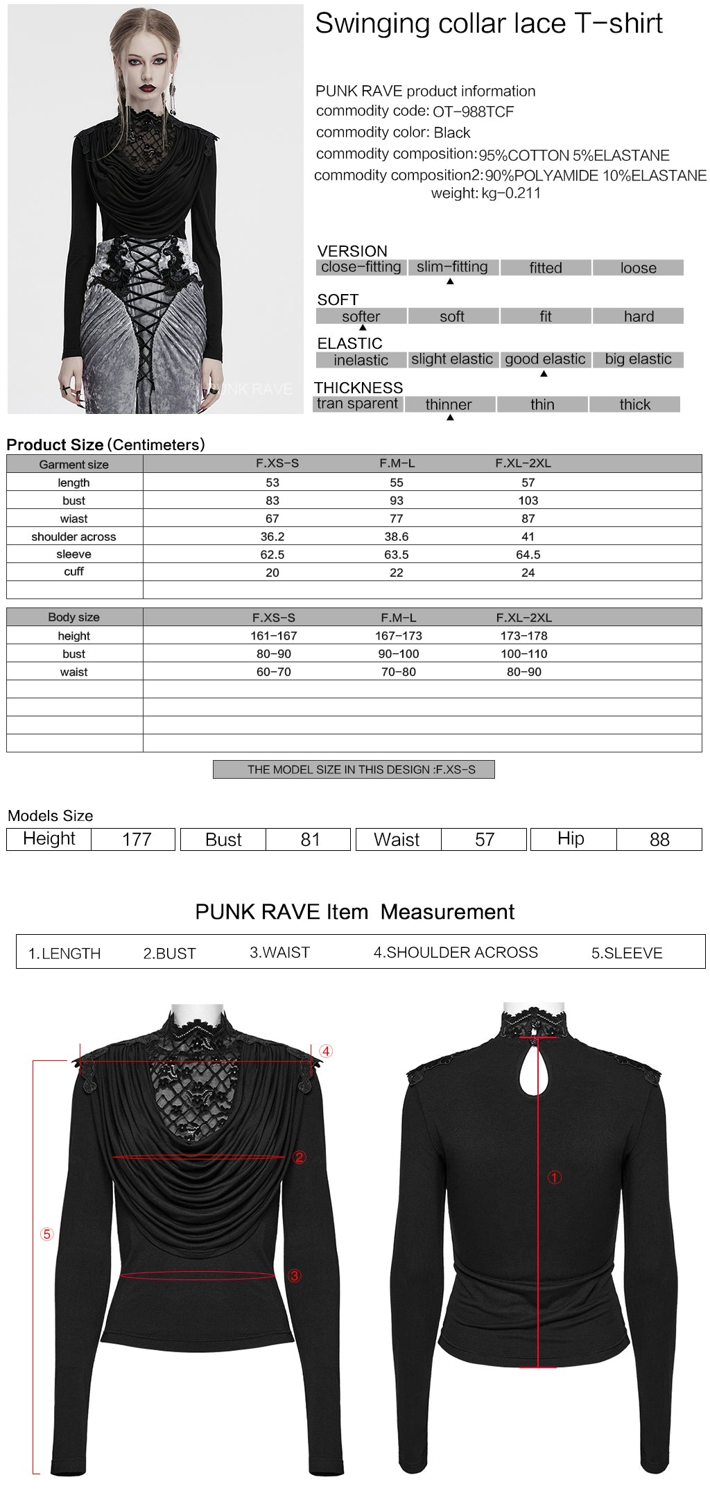 OT-988TCF Gothic Shirts Elegant Black Lace Drape Long Sleeve Top