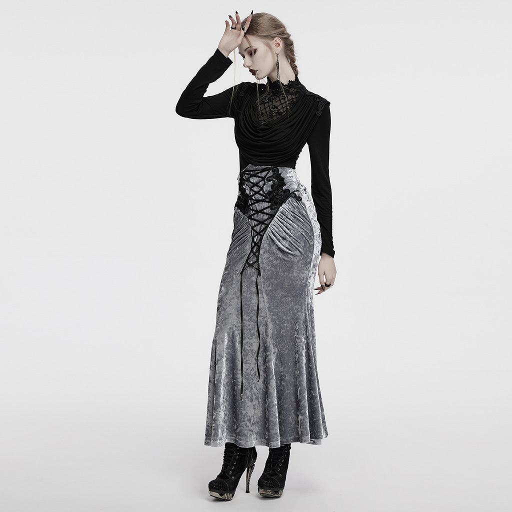 OT-988TCF Gothic Shirts Elegant Black Lace Drape Long Sleeve Top