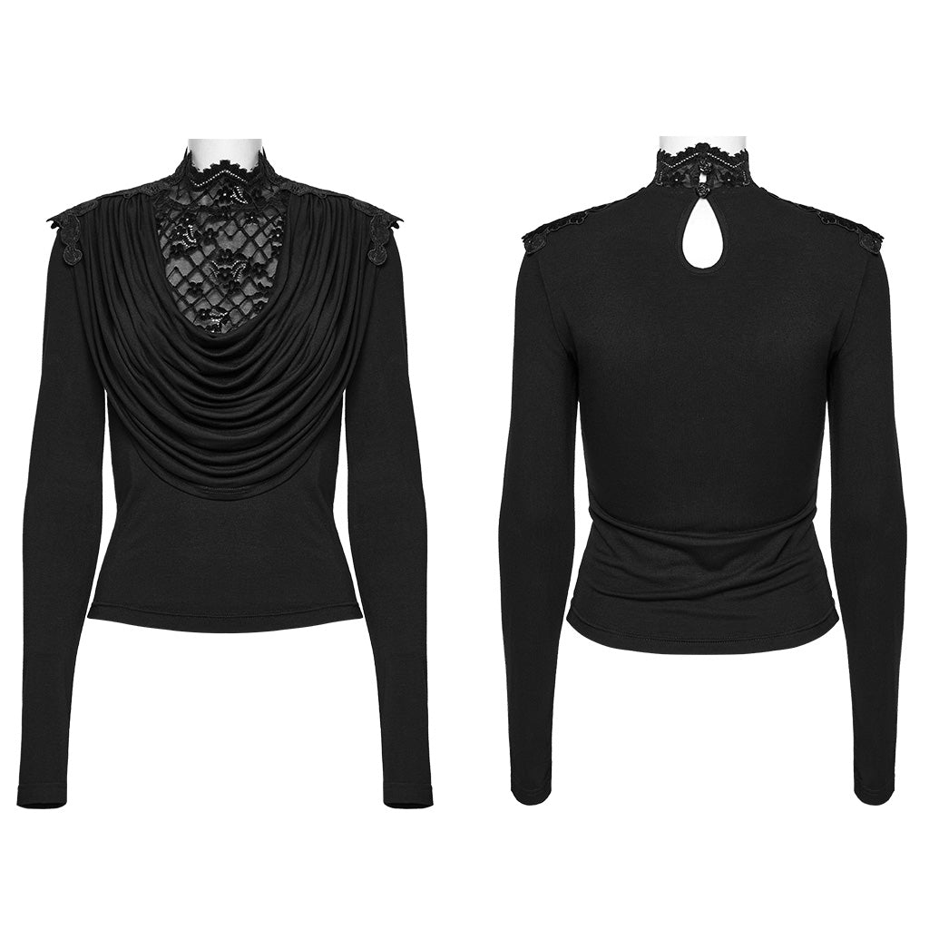 OT-988TCF Gothic Shirts Elegant Black Lace Drape Long Sleeve Top