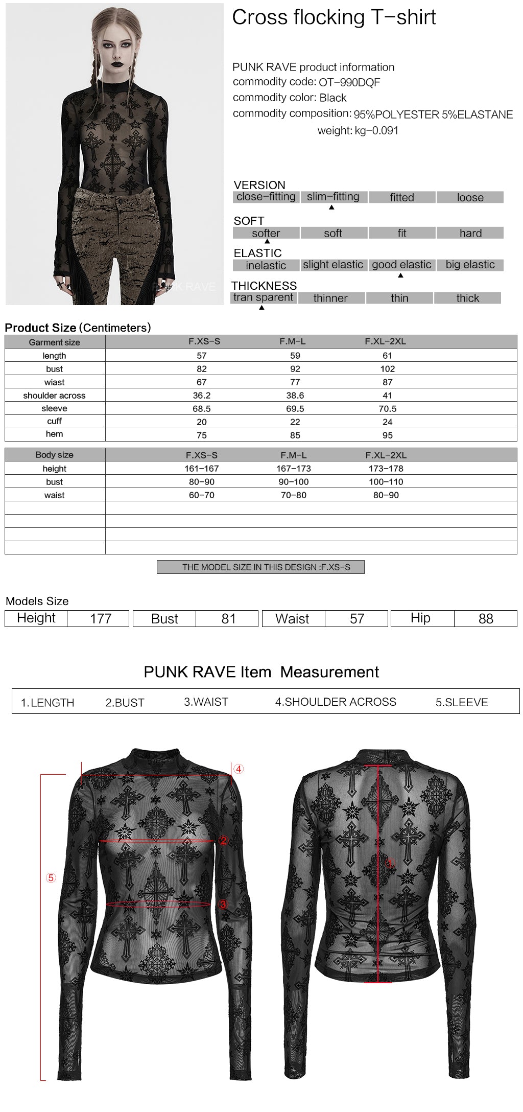 OT-990DQF Gothic Shirts Sheer Black Cross Embroidered Long Sleeve Top