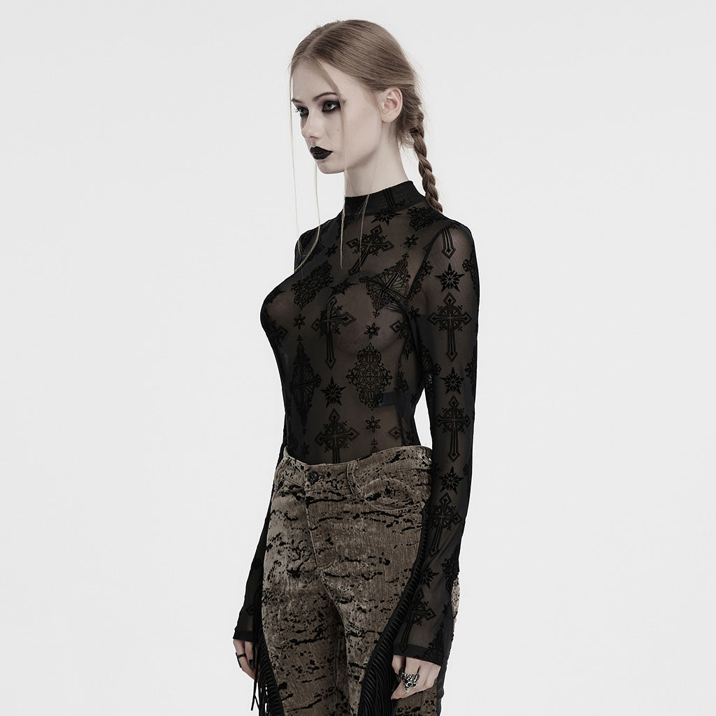 OT-990DQF Gothic Shirts Sheer Black Cross Embroidered Long Sleeve Top