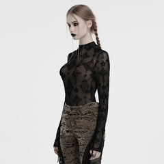 OT-990DQF Gothic Shirts Sheer Black Cross Embroidered Long Sleeve Top