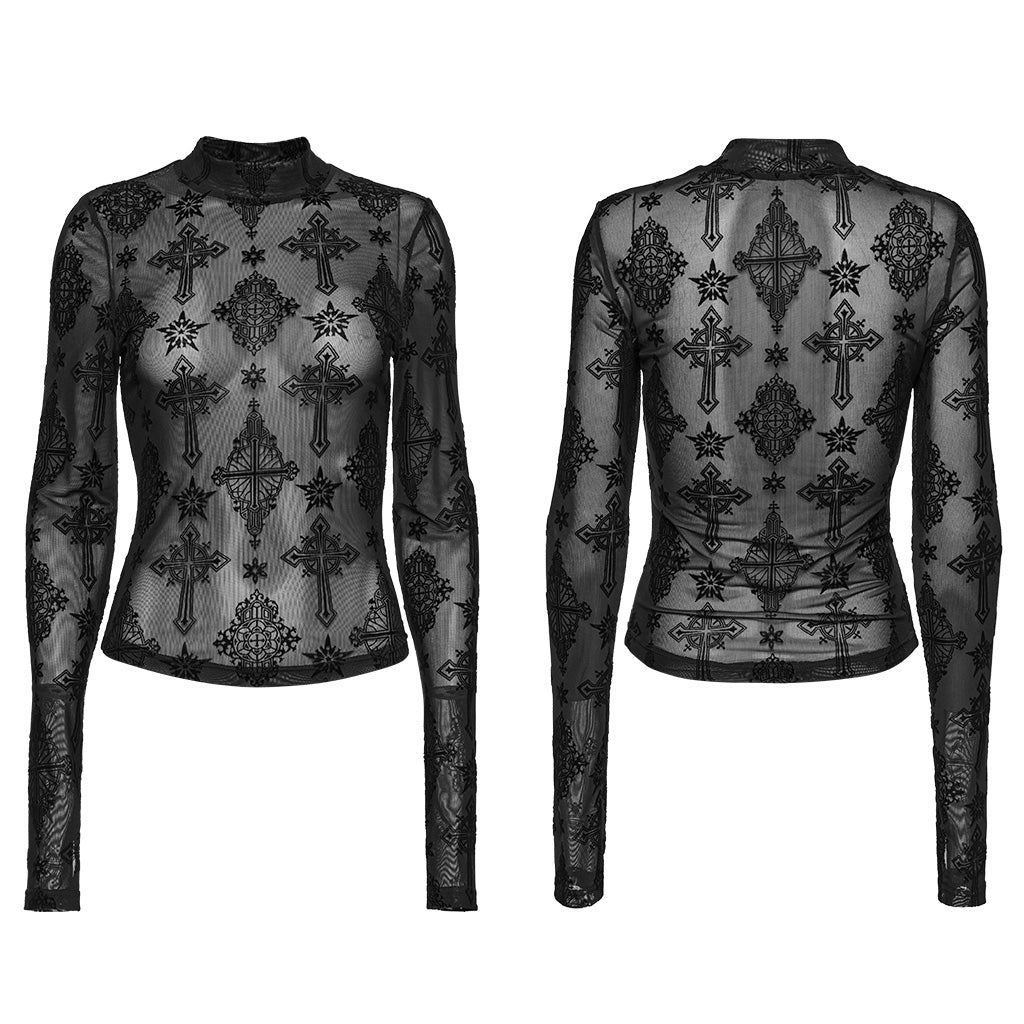 OT-990DQF Gothic Shirts Sheer Black Cross Embroidered Long Sleeve Top
