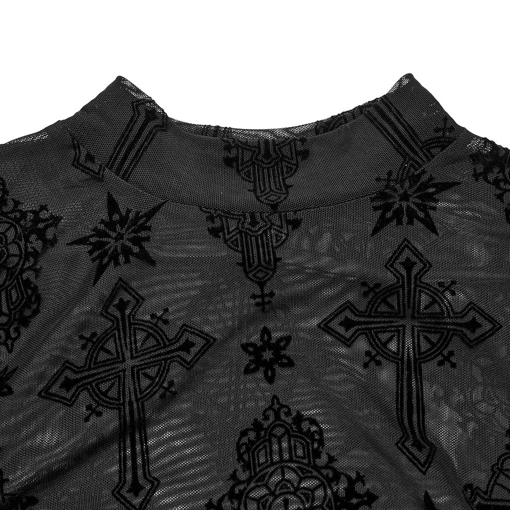 OT-990DQF Gothic Shirts Sheer Black Cross Embroidered Long Sleeve Top