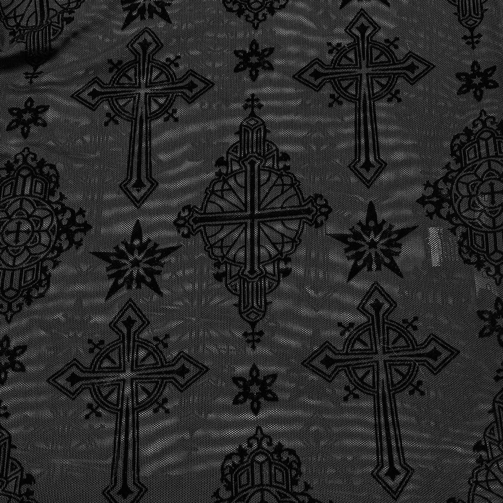 OT-990DQF Gothic Shirts Sheer Black Cross Embroidered Long Sleeve Top