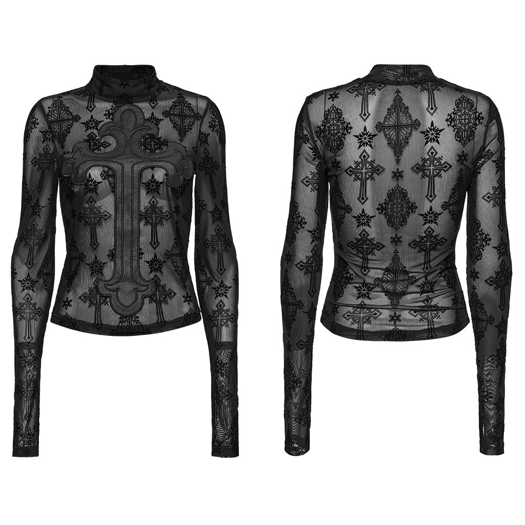 OT-990TCF Gothic T-Shirts Sheer Black Cross Pattern Long Sleeve