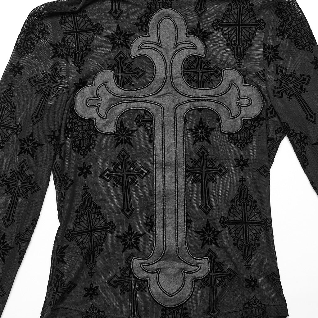 OT-990TCF Gothic T-Shirts Sheer Black Cross Pattern Long Sleeve