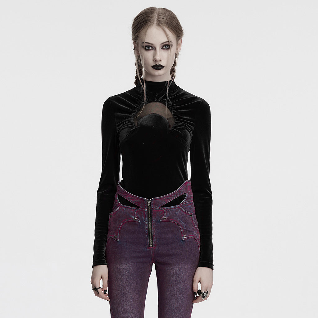 OT-993DQF Velvet Gothic T-Shirt Moon Cutout Design Long Sleeve Black
