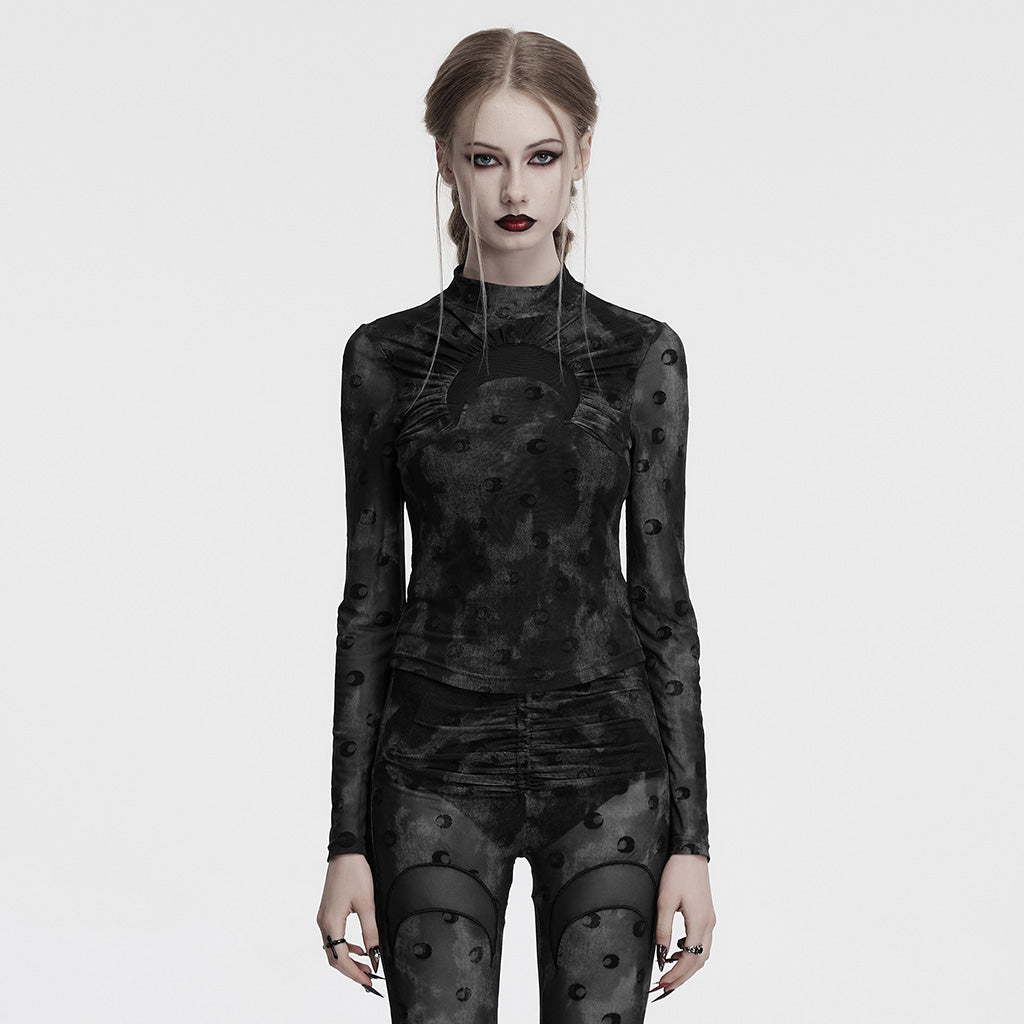 OT-993DQF Velvet Gothic T-Shirt Moon Cutout Design Long Sleeve Black