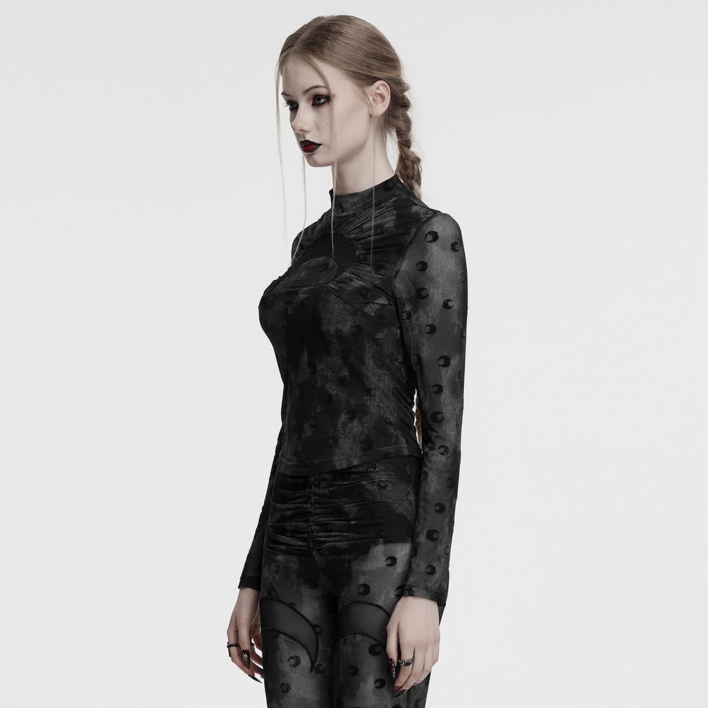 OT-993DQF Velvet Gothic T-Shirt Moon Cutout Design Long Sleeve Black