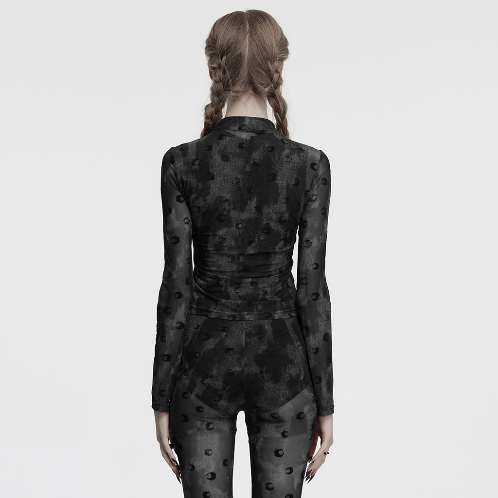 OT-993DQF Velvet Gothic T-Shirt Moon Cutout Design Long Sleeve Black