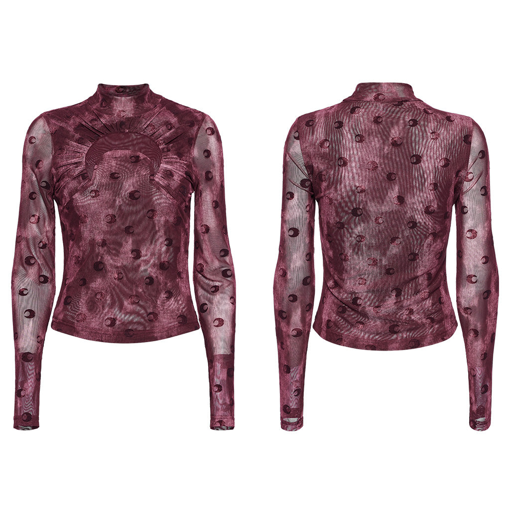 OT-993DQF Velvet Gothic T-Shirt Moon Cutout Design Long Sleeve Black