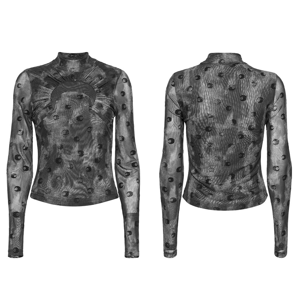 OT-993DQF Velvet Gothic T-Shirt Moon Cutout Design Long Sleeve Black