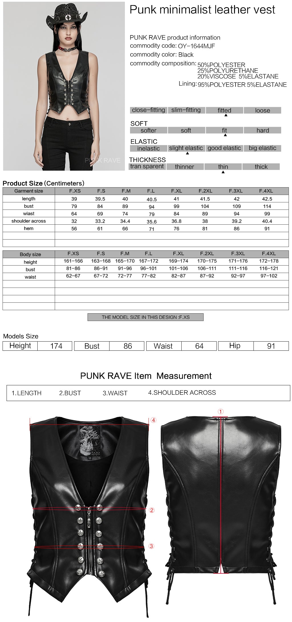 OY-1644MJF Sleek Black Faux Leather Punk Vests with Rivet Details