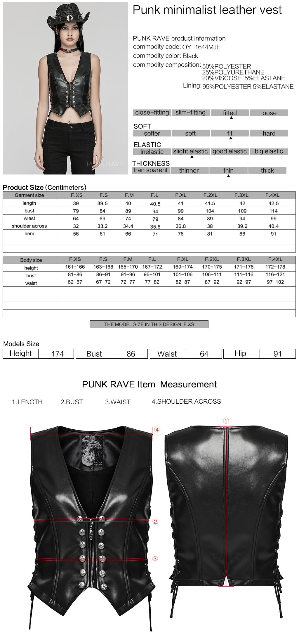 OY-1644MJF Sleek Black Faux Leather Punk Vests with Rivet Details