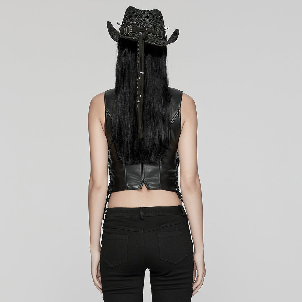 OY-1644MJF Sleek Black Faux Leather Punk Vests with Rivet Details