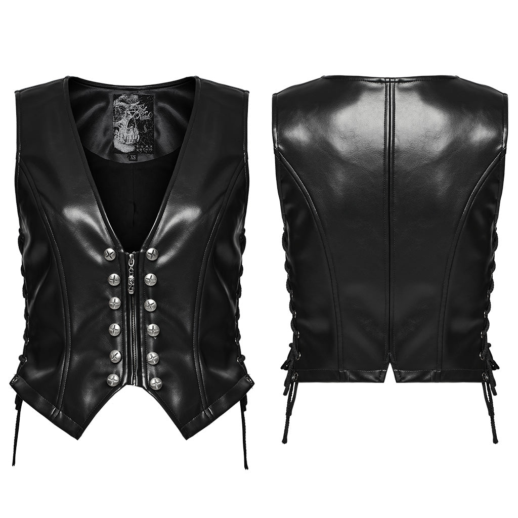 OY-1644MJF Sleek Black Faux Leather Punk Vests with Rivet Details