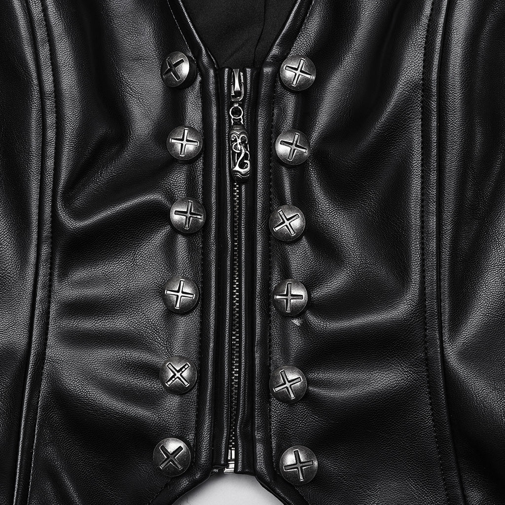 OY-1644MJF Sleek Black Faux Leather Punk Vests with Rivet Details
