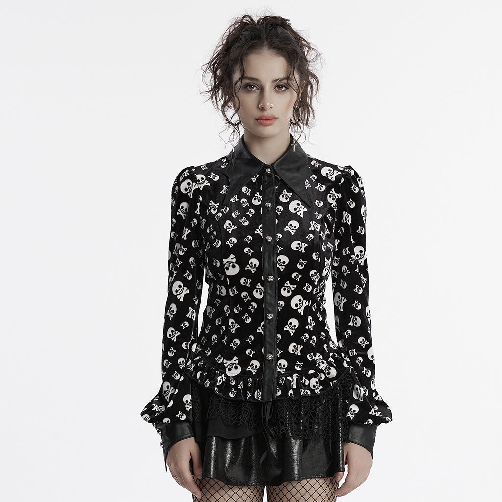 OY-1697DQF Velvet Gothic Shirts Vintage Collar Button Long Sleeve Top