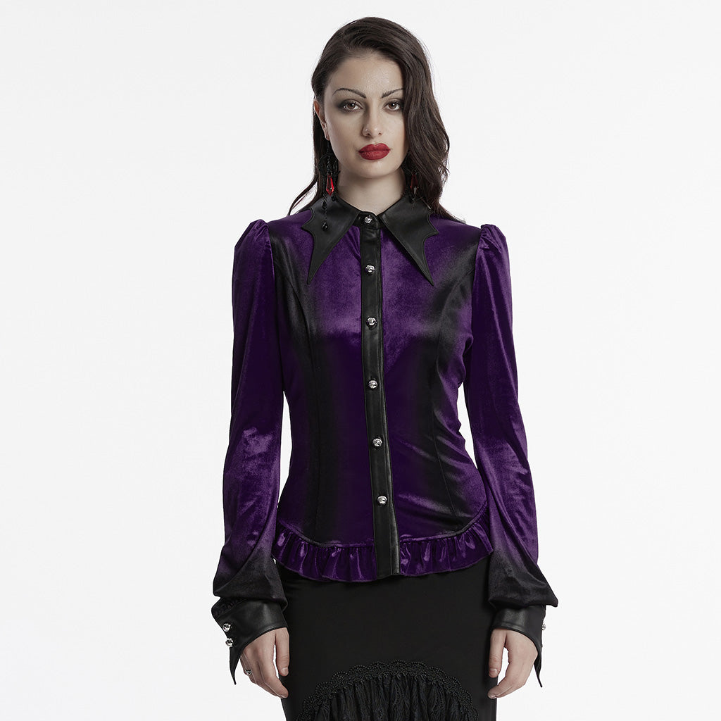 OY-1697DQF Velvet Gothic Shirts Vintage Collar Button Long Sleeve Top