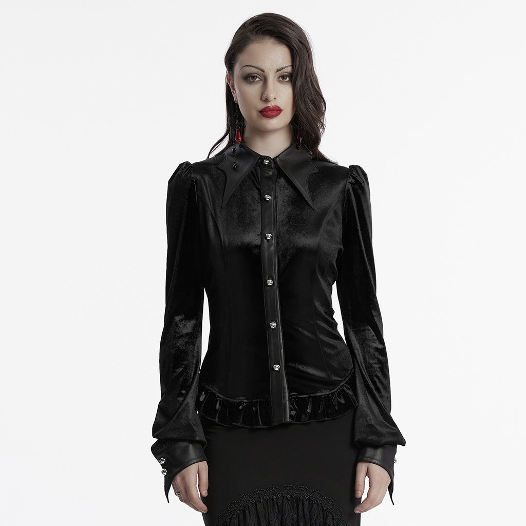 OY-1697DQF Velvet Gothic Shirts Vintage Collar Button Long Sleeve Top