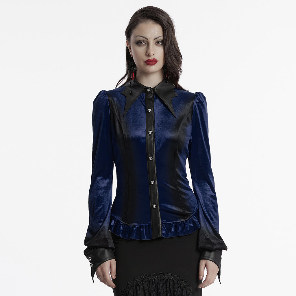 OY-1697DQF Velvet Gothic Shirts Vintage Collar Button Long Sleeve Top
