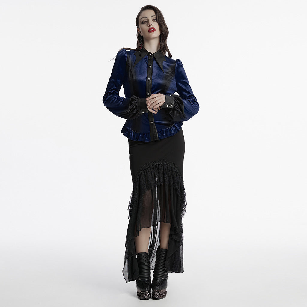 OY-1697DQF Velvet Gothic Shirts Vintage Collar Button Long Sleeve Top