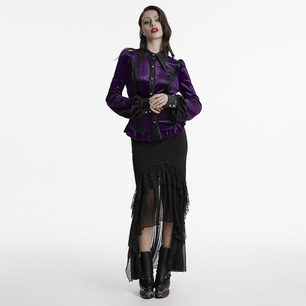 OY-1697DQF Velvet Gothic Shirts Vintage Collar Button Long Sleeve Top