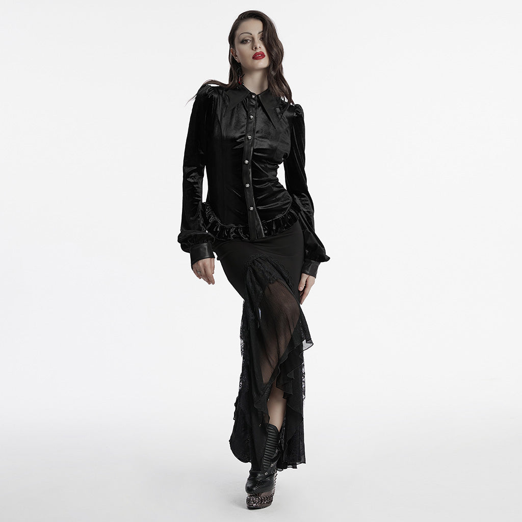 OY-1697DQF Velvet Gothic Shirts Vintage Collar Button Long Sleeve Top