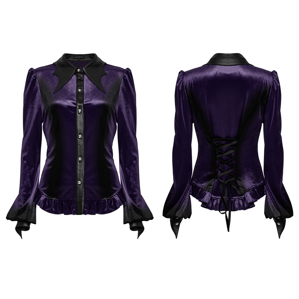 OY-1697DQF Velvet Gothic Shirts Vintage Collar Button Long Sleeve Top