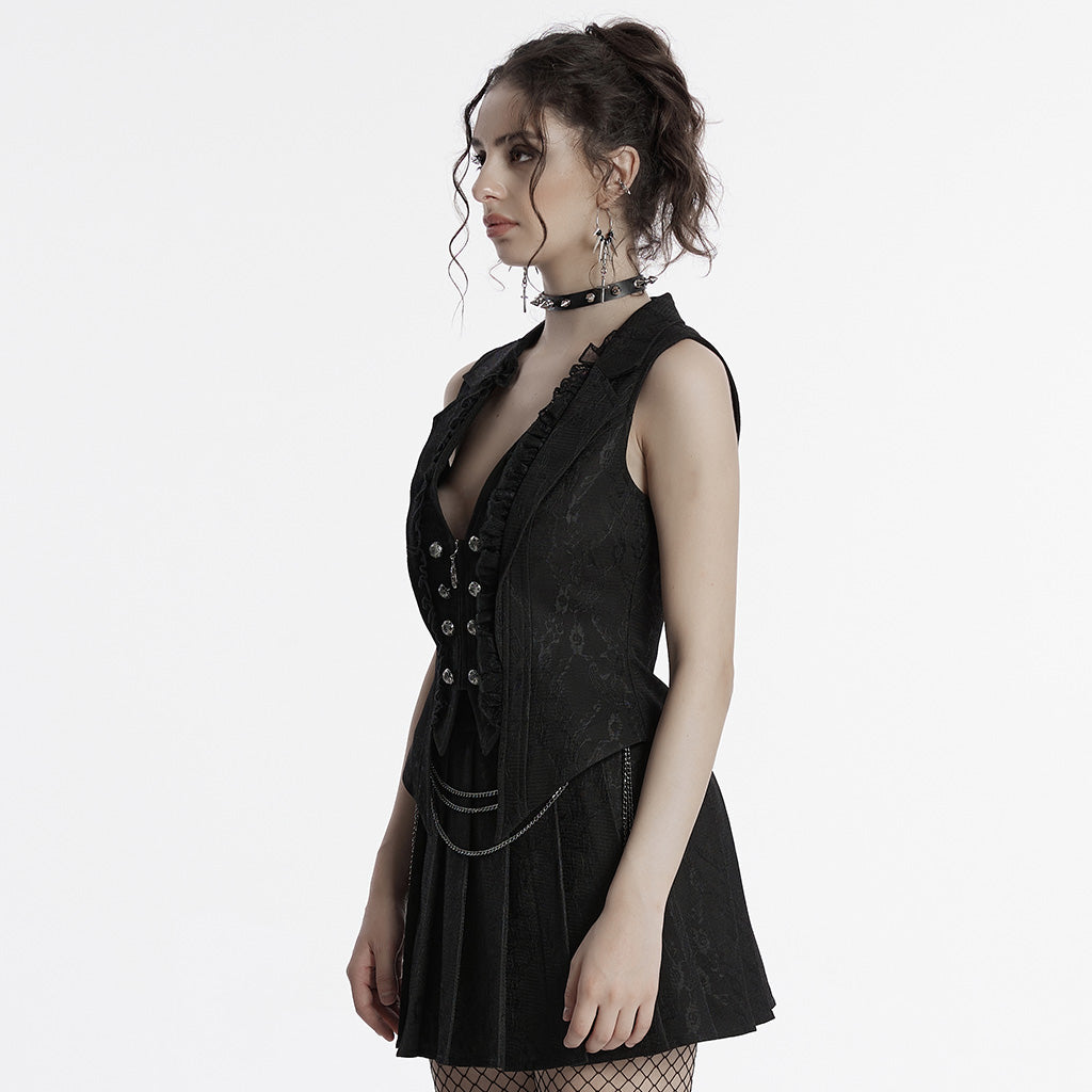 OY-1703MJF Gothic Vest Elegant Lace-Up Ruffled Design with Chain Details