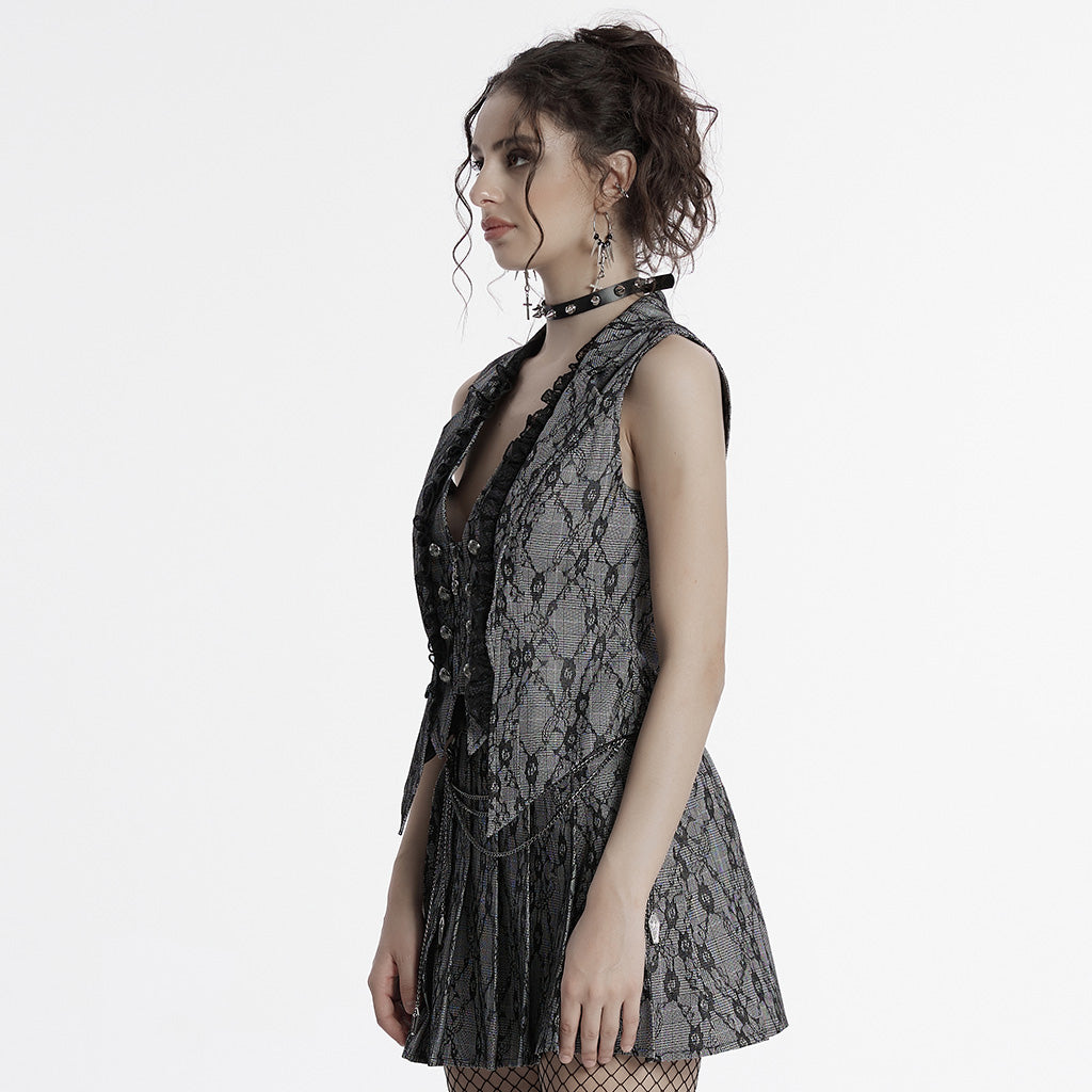 OY-1703MJF Gothic Vest Elegant Lace-Up Ruffled Design with Chain Details