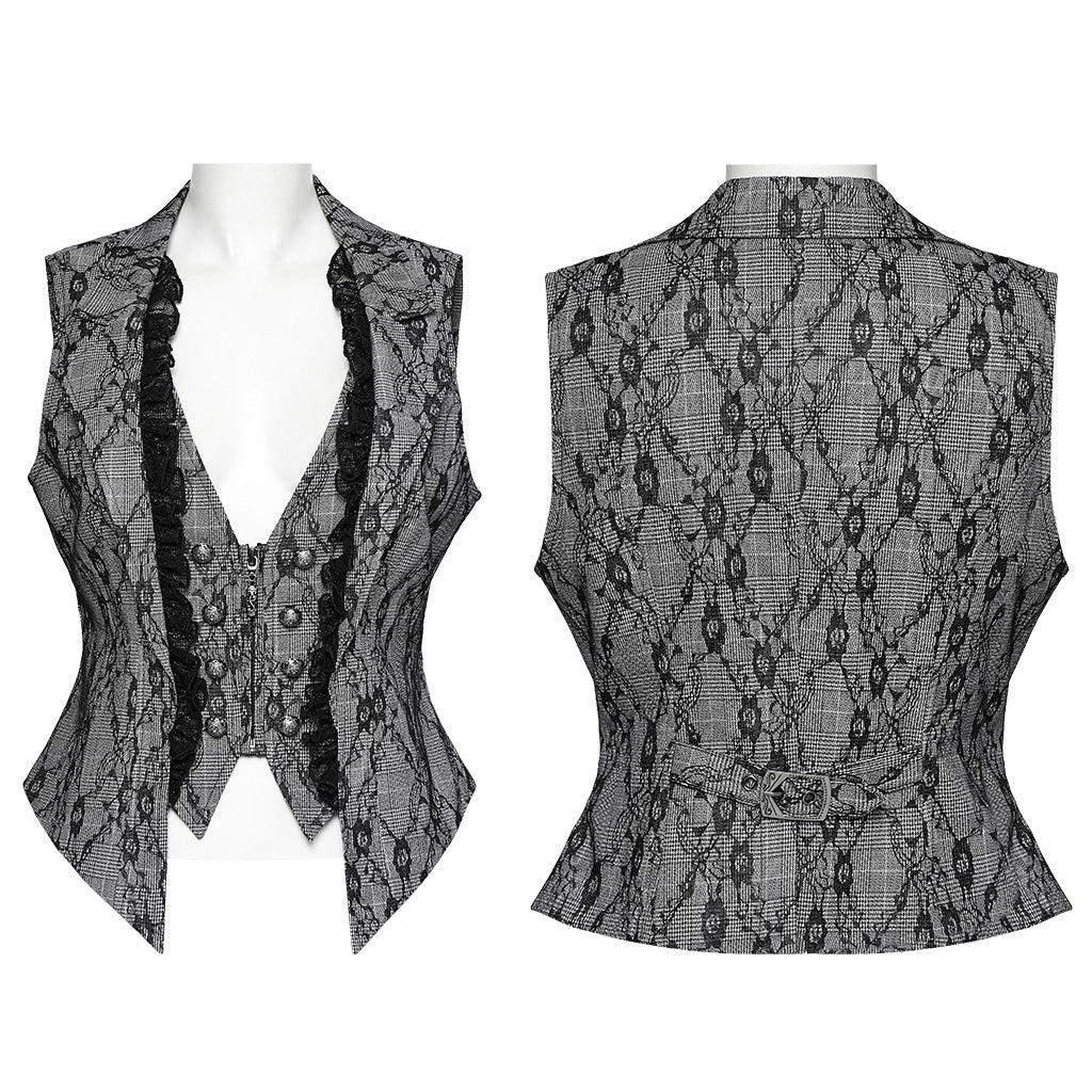 OY-1703MJF Gothic Vest Elegant Lace-Up Ruffled Design with Chain Details