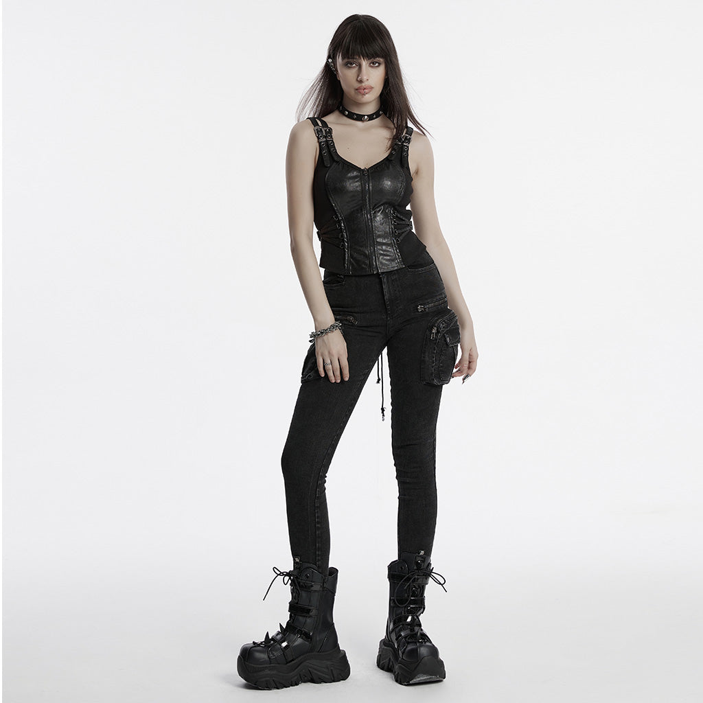 OY-1709MJF Gothic Punk Vest with Buckle Straps Zipper Leather Look