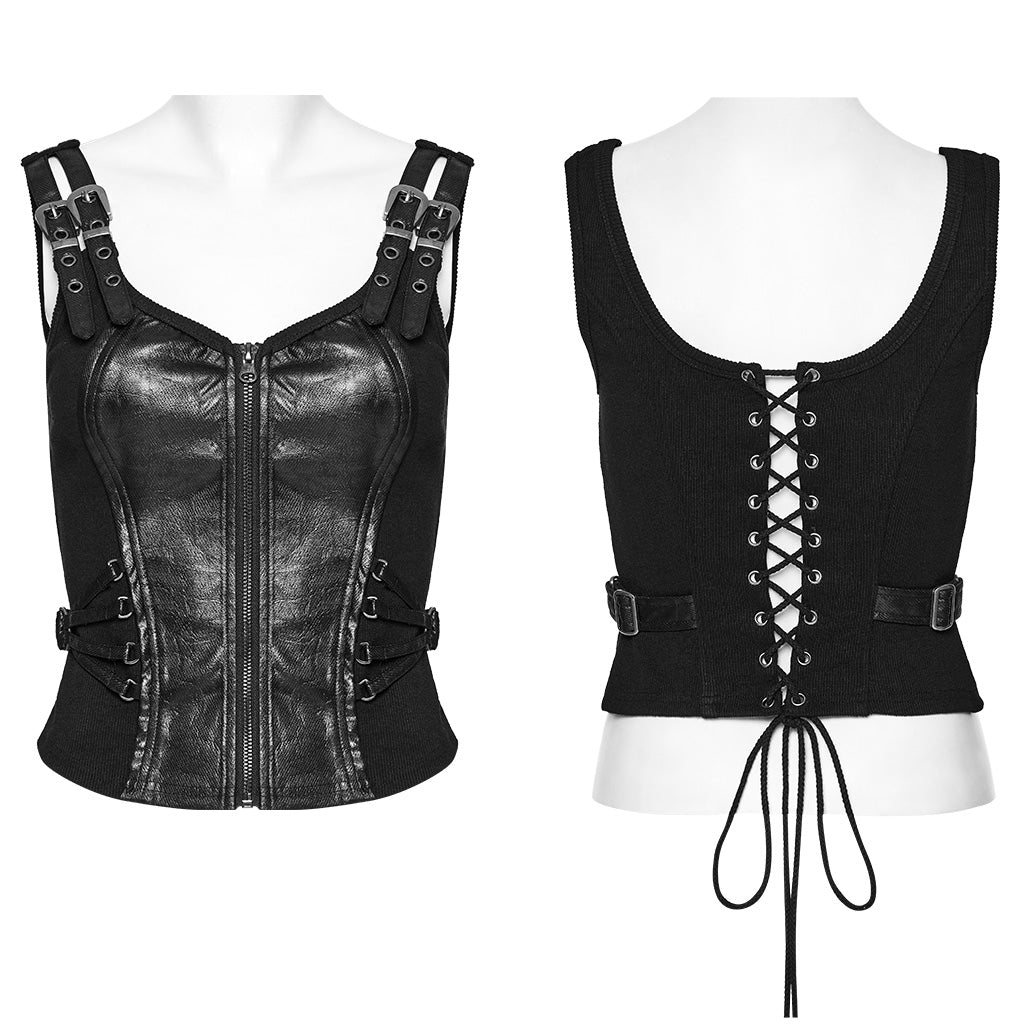 OY-1709MJF Gothic Punk Vest with Buckle Straps Zipper Leather Look