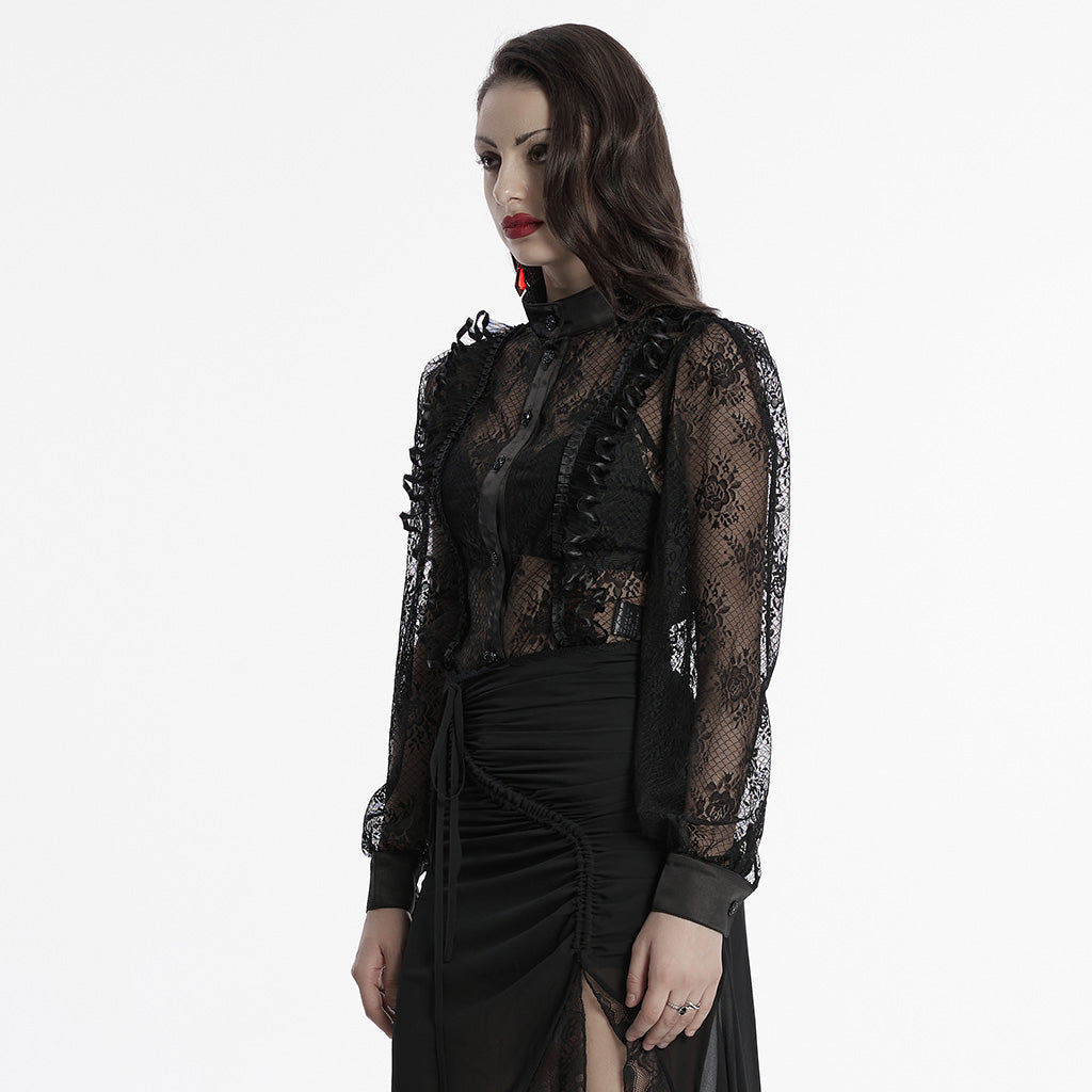 OY-1710CCF Black Lace Gothic Shirts Sheer Victorian Long Sleeve Blouse