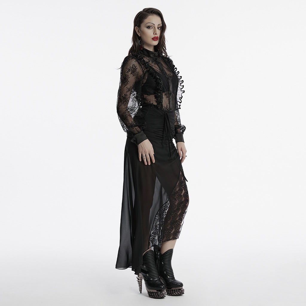 OY-1710CCF Black Lace Gothic Shirts Sheer Victorian Long Sleeve Blouse