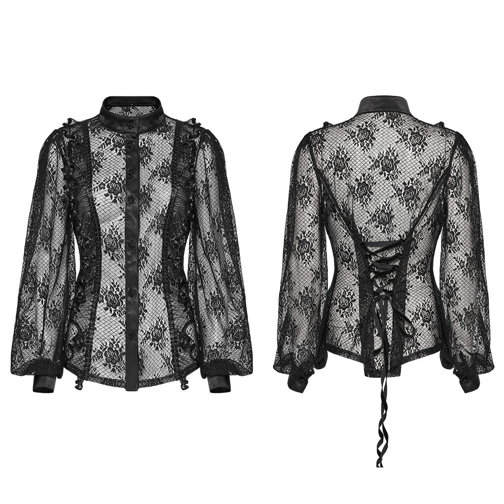 OY-1710CCF Black Lace Gothic Shirts Sheer Victorian Long Sleeve Blouse
