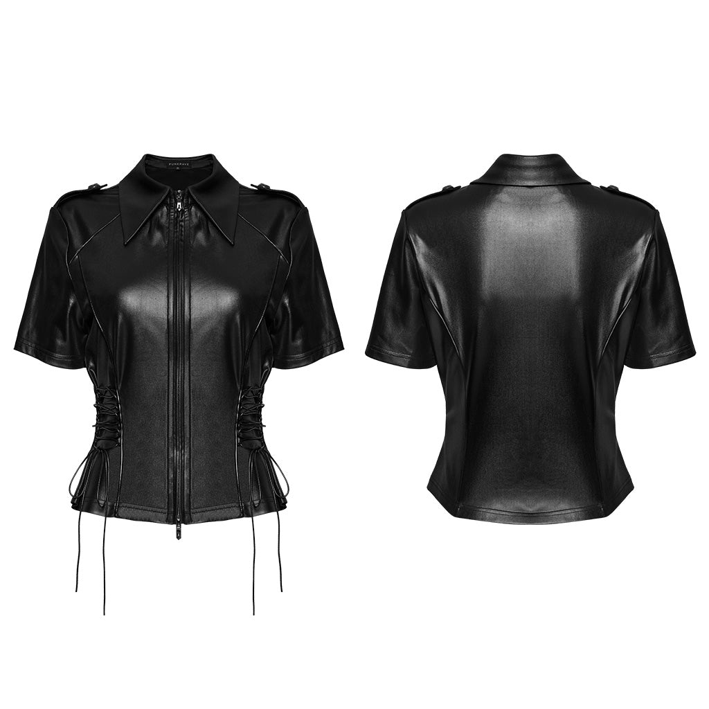OY-1714CDF Edgy Black Faux Leather Zippered Punk Shirt Top