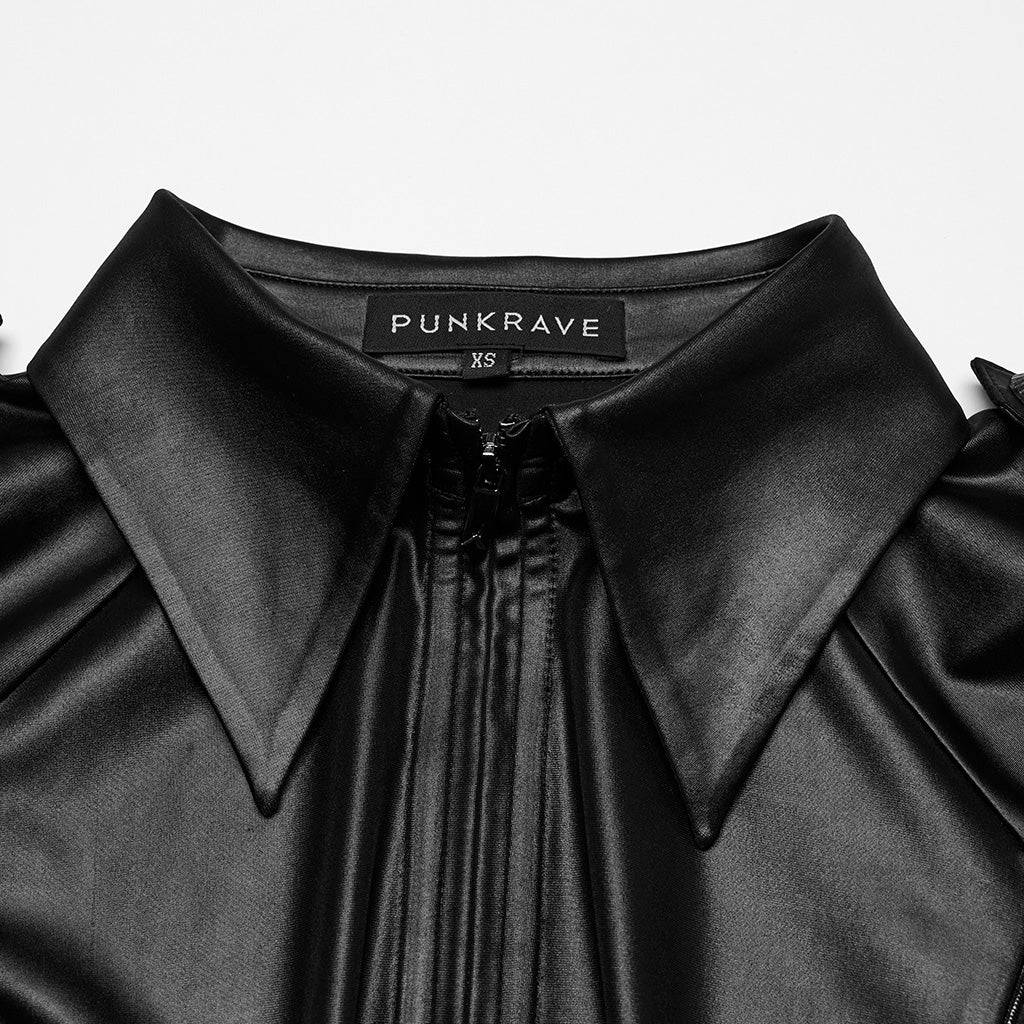OY-1714CDF Edgy Black Faux Leather Zippered Punk Shirt Top