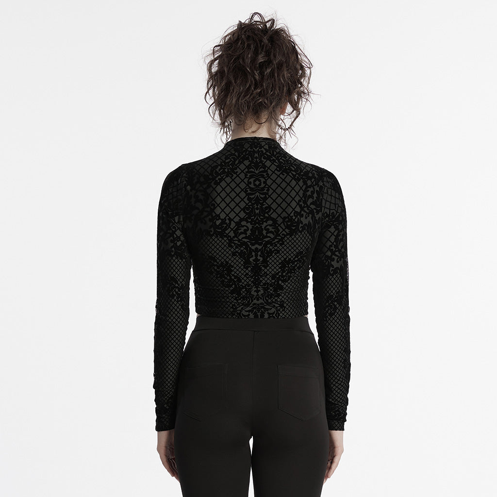 OY-1719XDF Velvet Gothic Jacket Cropped Zipper Elegant Black Patterned Design