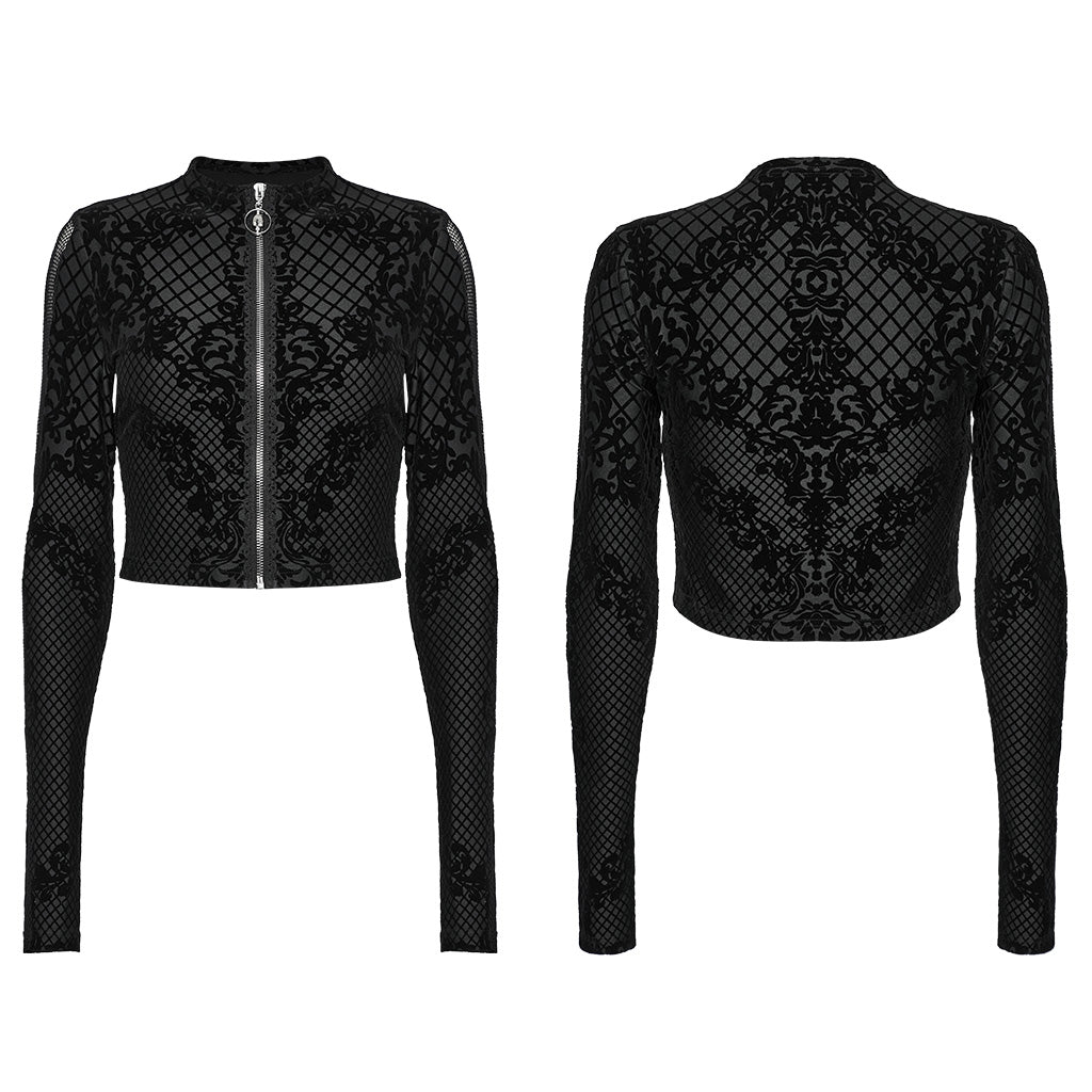 OY-1719XDF Velvet Gothic Jacket Cropped Zipper Elegant Black Patterned Design