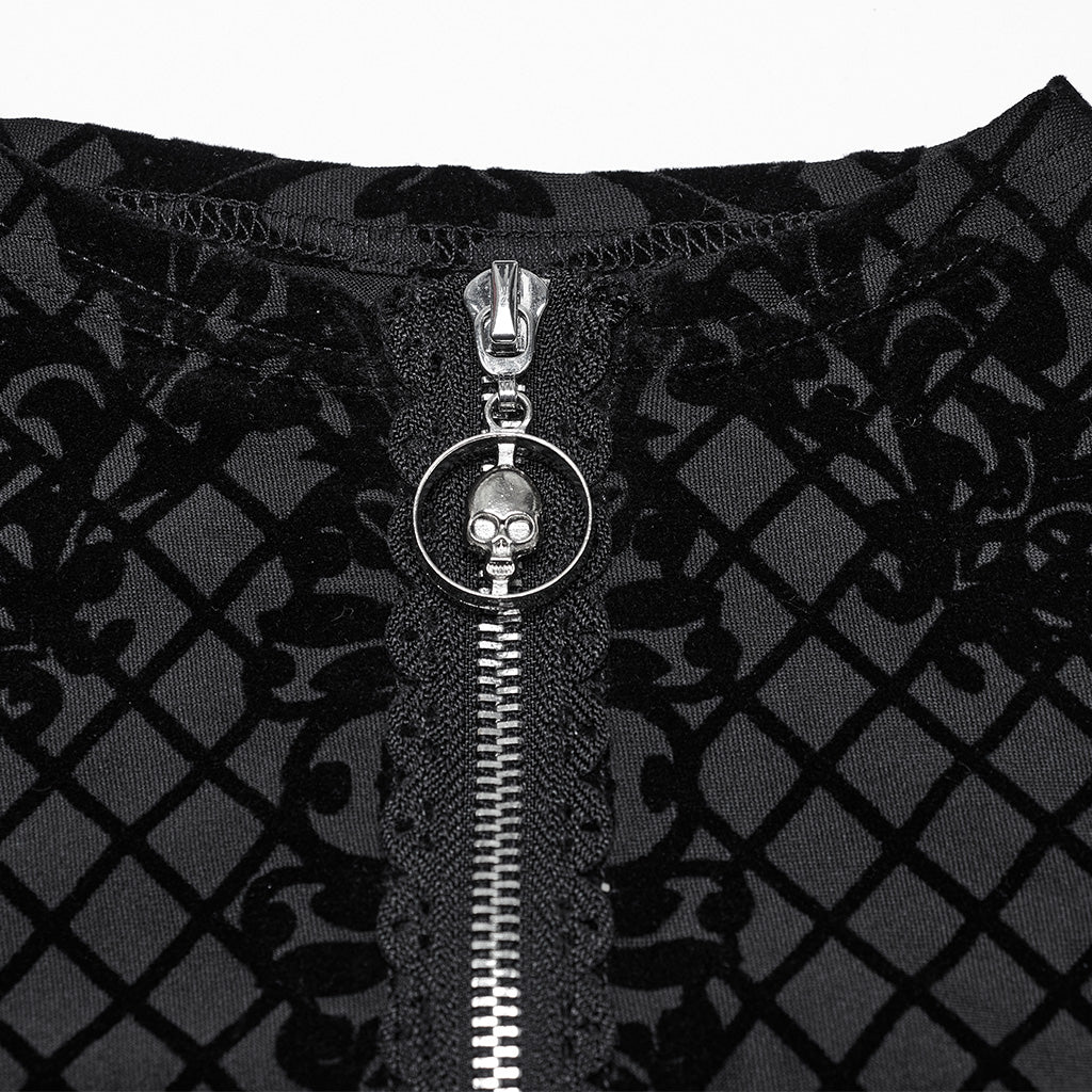 OY-1719XDF Velvet Gothic Jacket Cropped Zipper Elegant Black Patterned Design