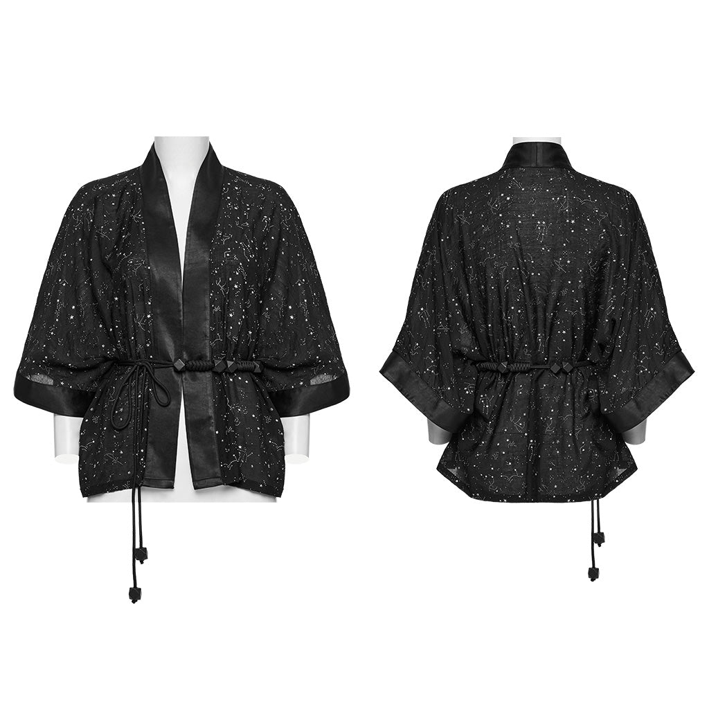 OY-1726XDF Black Satin Gothic Coat with Kimono Sleeve Details