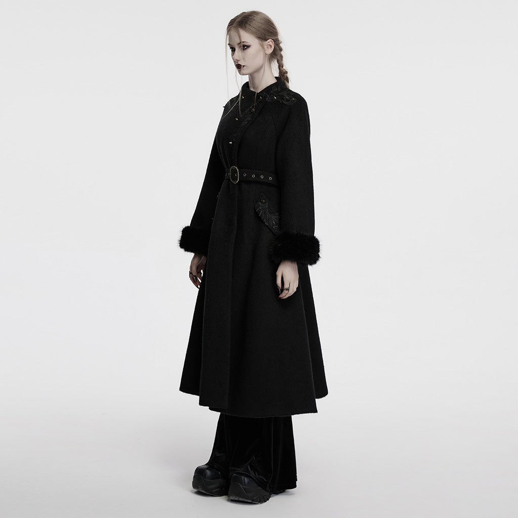 OY-1740ECF Luxurious Gothic Coat Long Black Fur Trim Belted