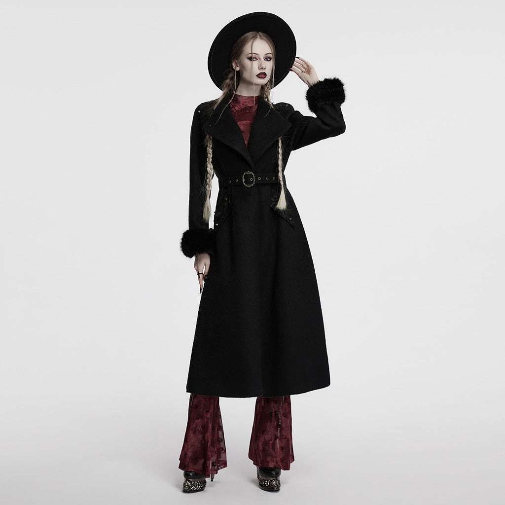 OY-1740ECF Luxurious Gothic Coat Long Black Fur Trim Belted