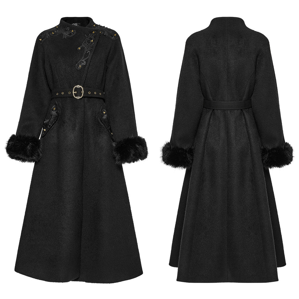 OY-1740ECF Luxurious Gothic Coat Long Black Fur Trim Belted