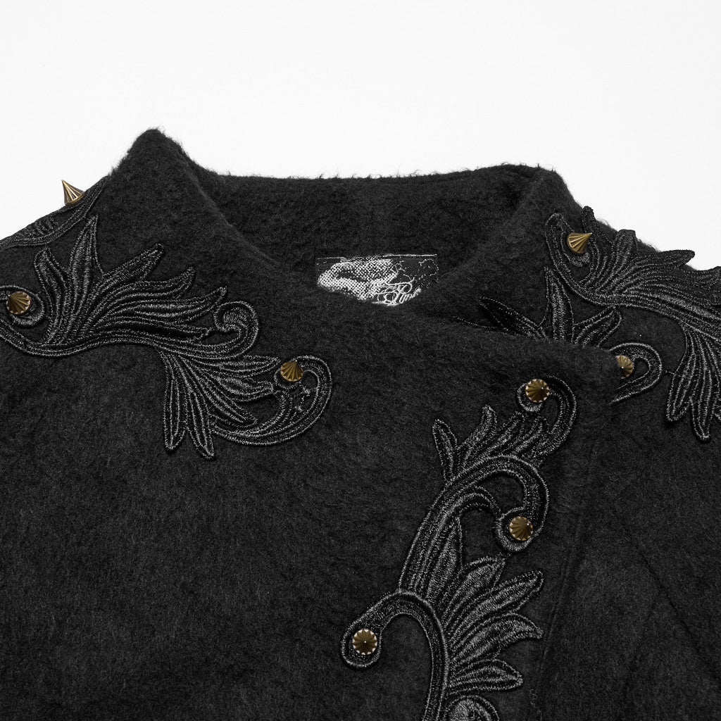 OY-1740ECF Luxurious Gothic Coat Long Black Fur Trim Belted